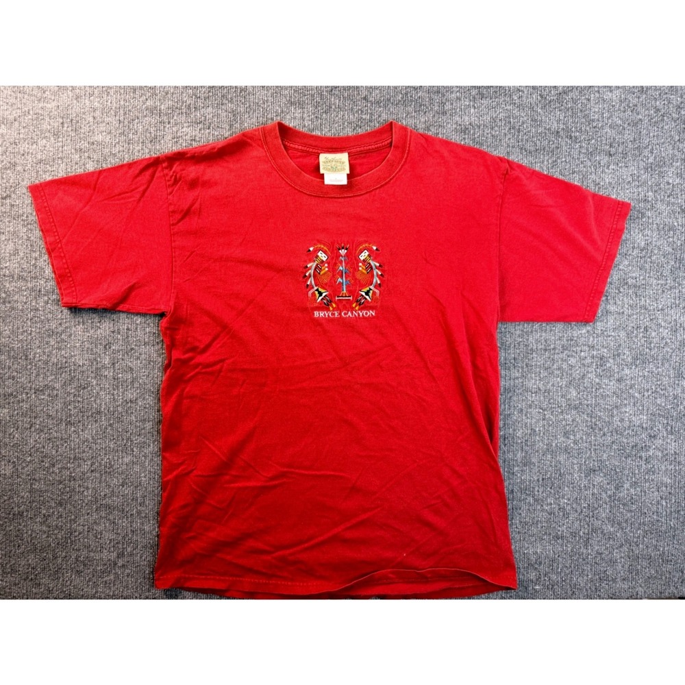 Vintage Fred Harvey Bryce Canyon Embroidered Red Cotton Tee Shirt Large Mens Y2K